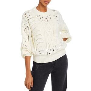 Line + Dot Women's Balloon Sleeve Pointelle  Crewneck White Cream Sweater Small
